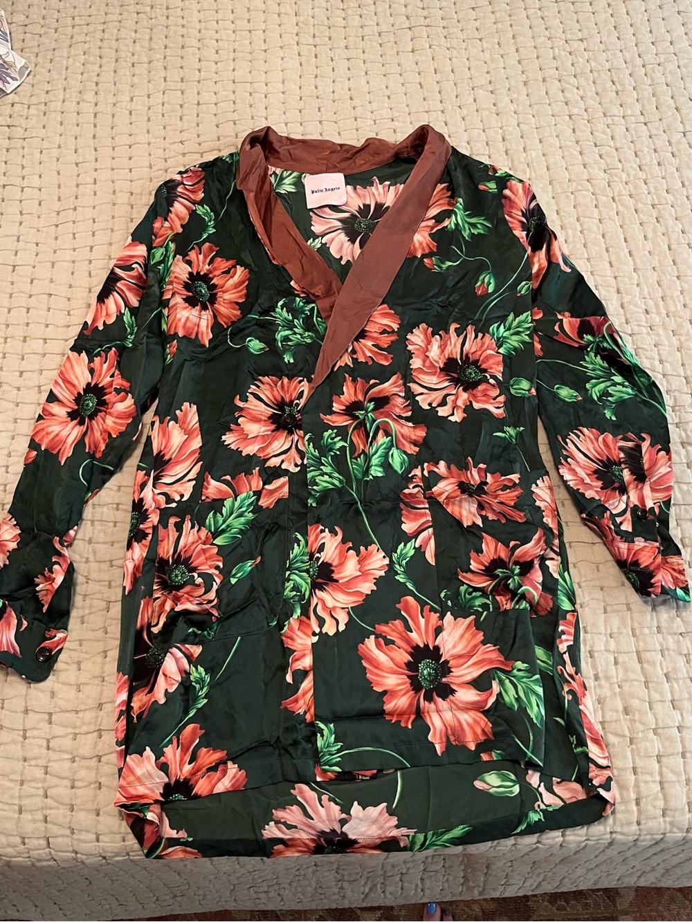 Palm Angels 100% Silk Pink Floral Lined Dress with Brown Exterior